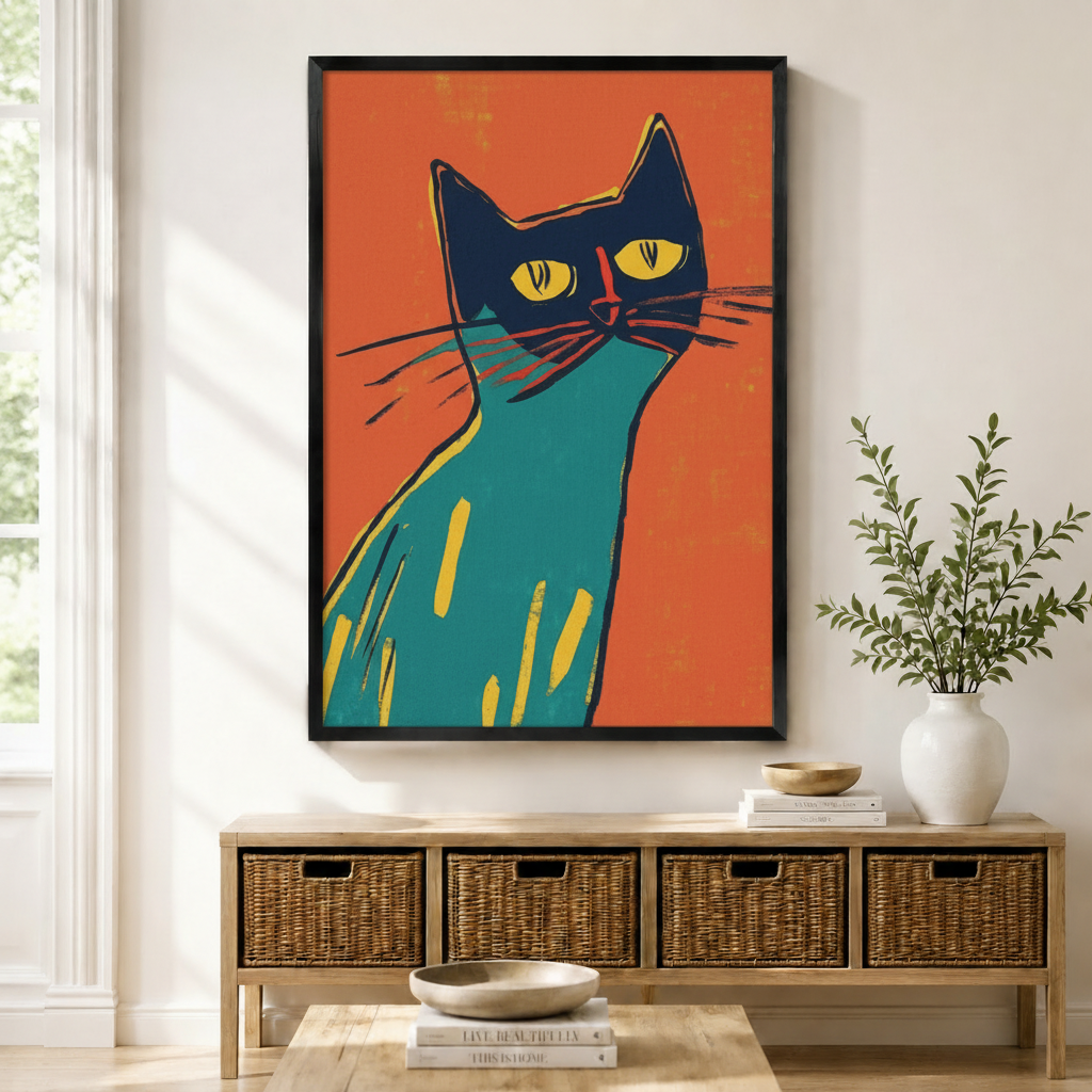 Teal Cat Portrait Orange Pop Art Canvas Wall Art
