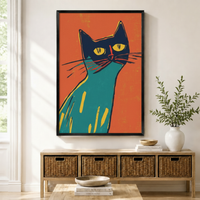 Teal Cat Portrait Orange Pop Art Canvas Wall Art
