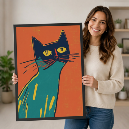 Teal Cat Portrait Orange Pop Art Canvas Wall Art
