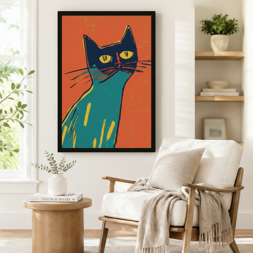 Teal Cat Portrait Orange Pop Art Canvas Wall Art
