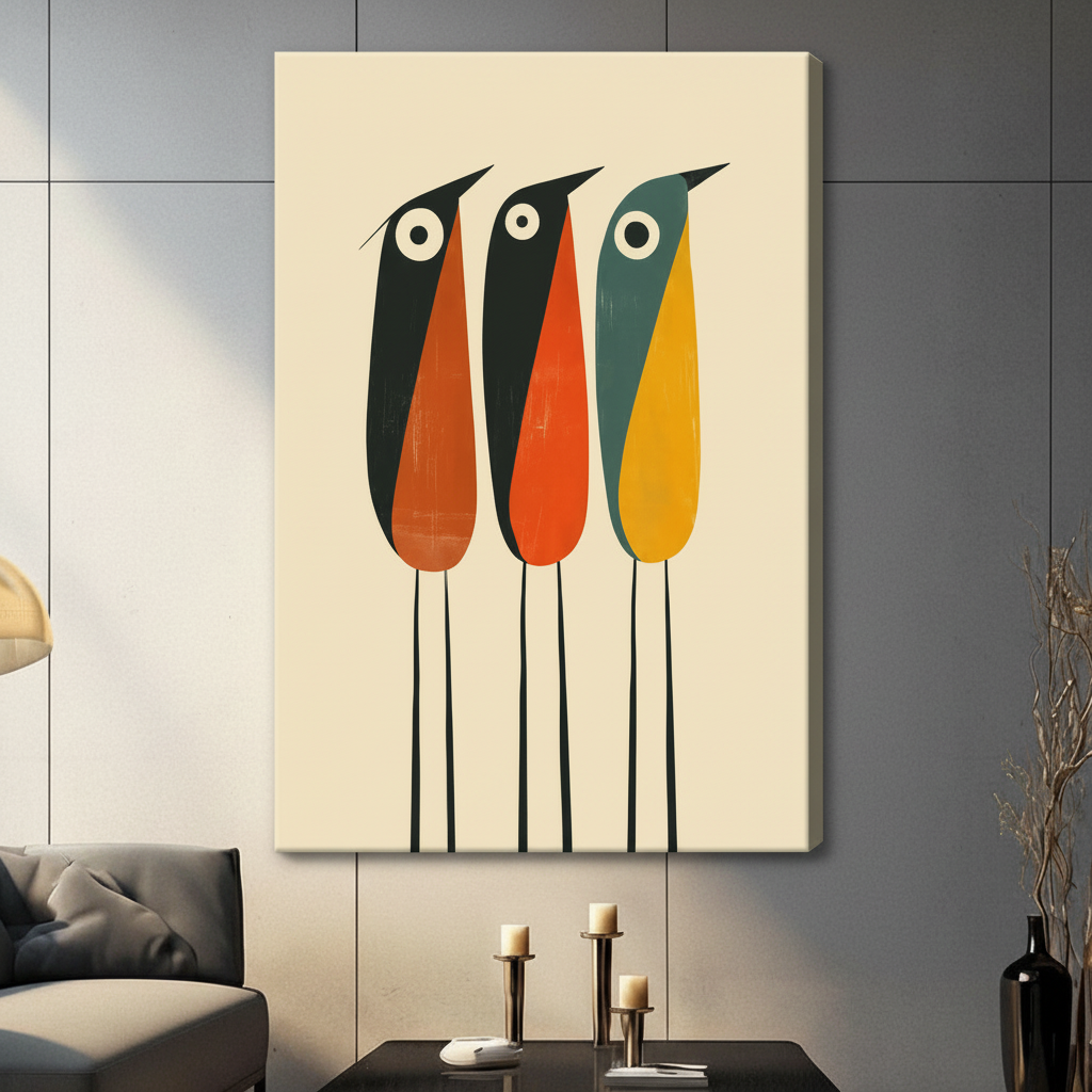 Retro Three Birds Abstract Canvas Wall Art