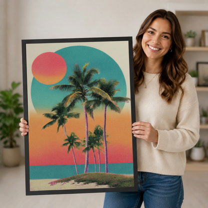 Tropical Palm Sunset Retro Canvas Wall Art