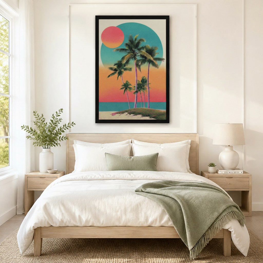 Tropical Palm Sunset Retro Canvas Wall Art