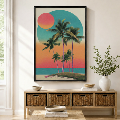 Tropical Palm Sunset Retro Canvas Wall Art