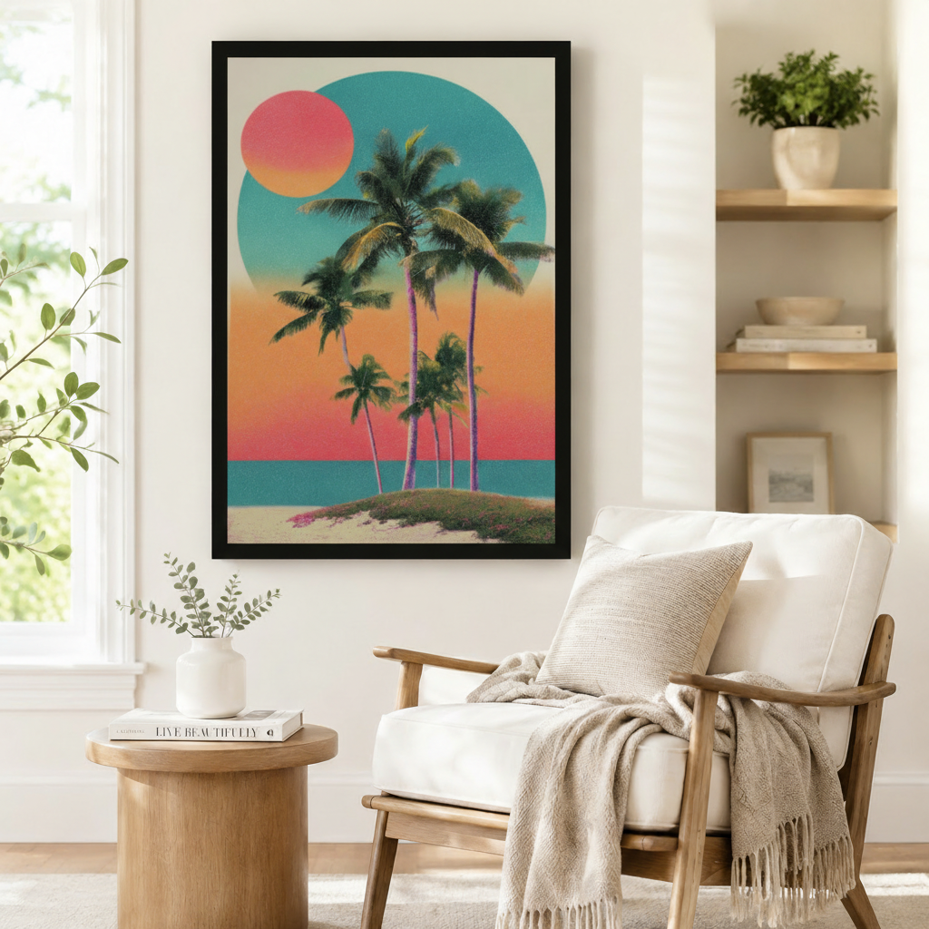 Tropical Palm Sunset Retro Canvas Wall Art