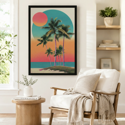 Tropical Palm Sunset Retro Canvas Wall Art