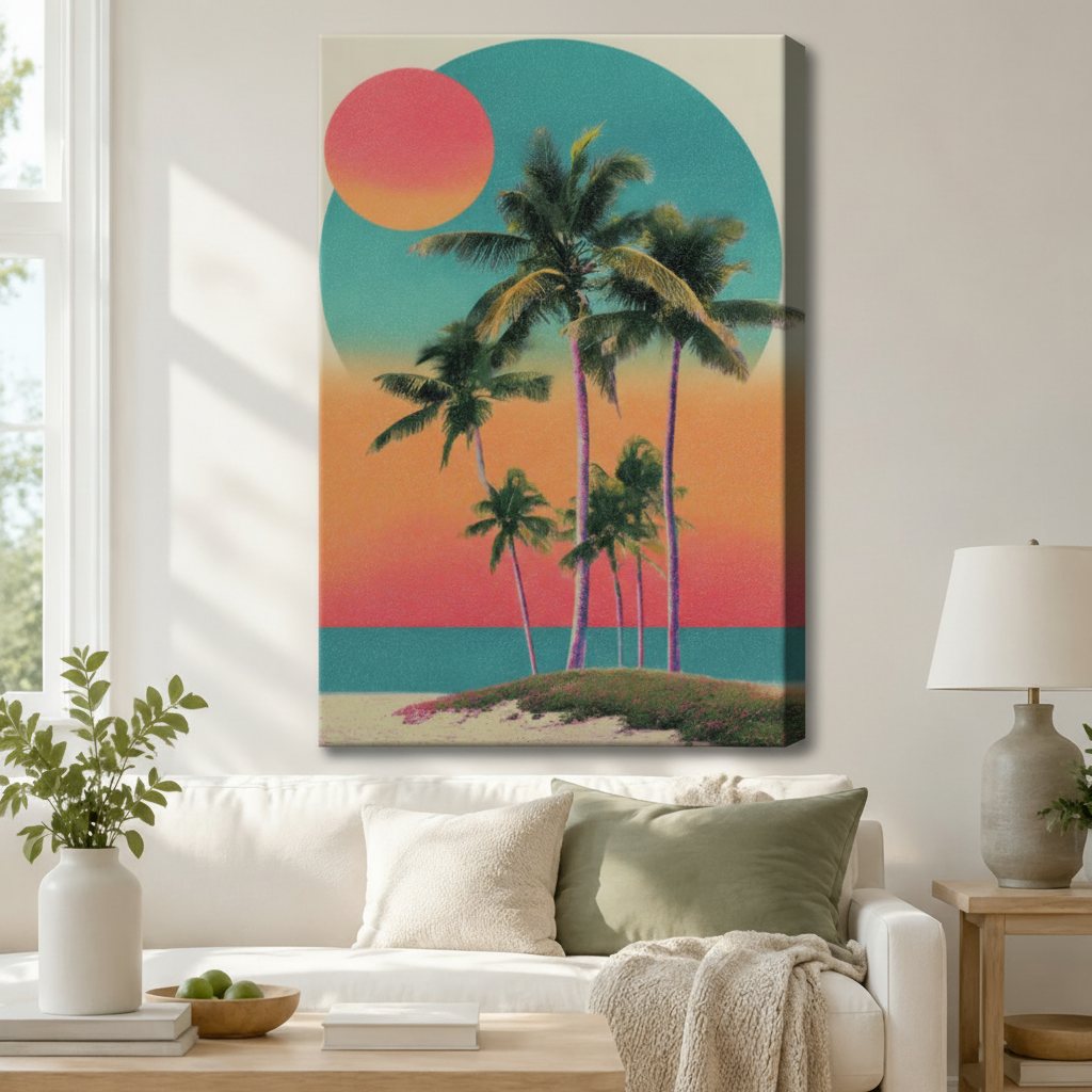 Tropical Palm Sunset Retro Canvas Wall Art