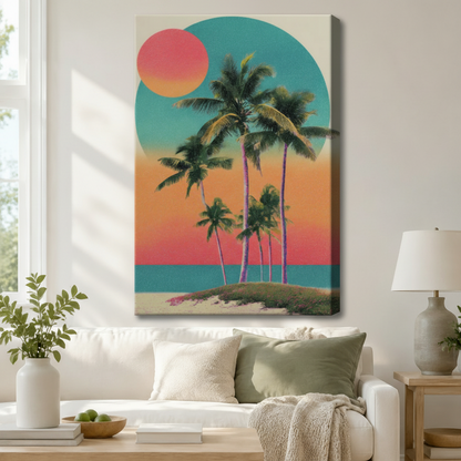 Tropical Palm Sunset Retro Canvas Wall Art