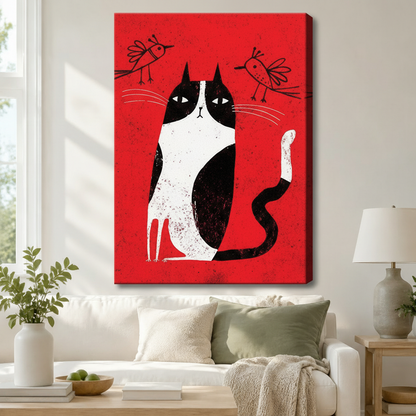 Folk Art Tuxedo Cat Birds Red Canvas Wall Art
