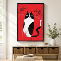 Folk Art Tuxedo Cat Birds Red Canvas Wall Art