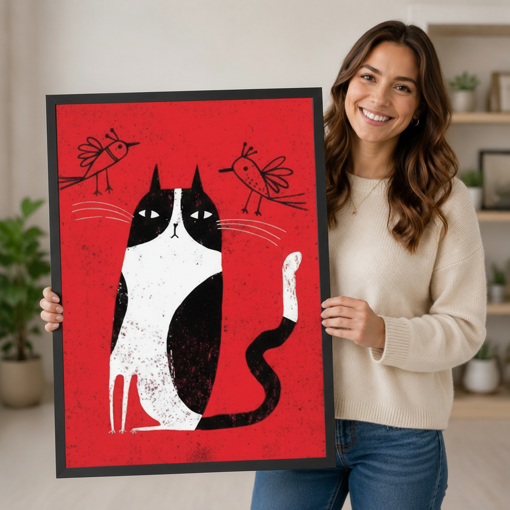 Folk Art Tuxedo Cat Birds Red Canvas Wall Art