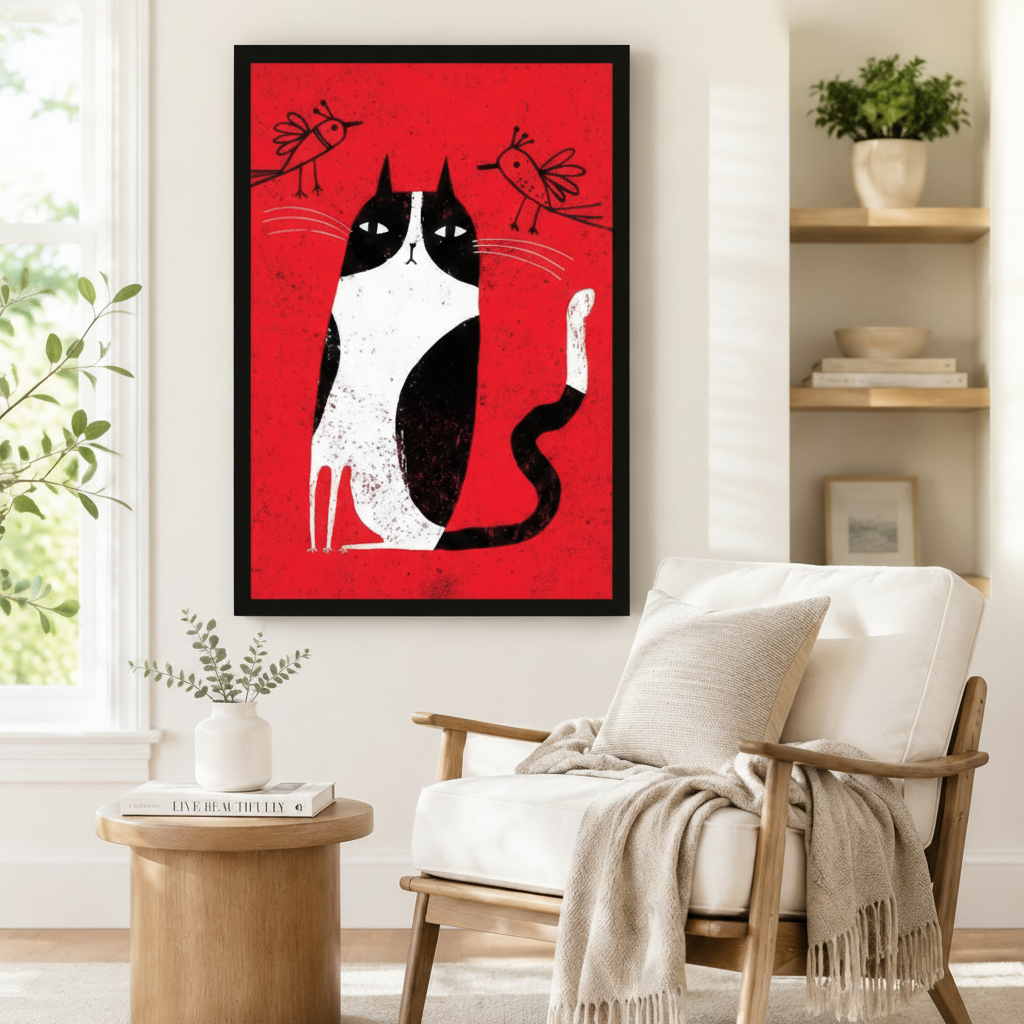 Folk Art Tuxedo Cat Birds Red Canvas Wall Art