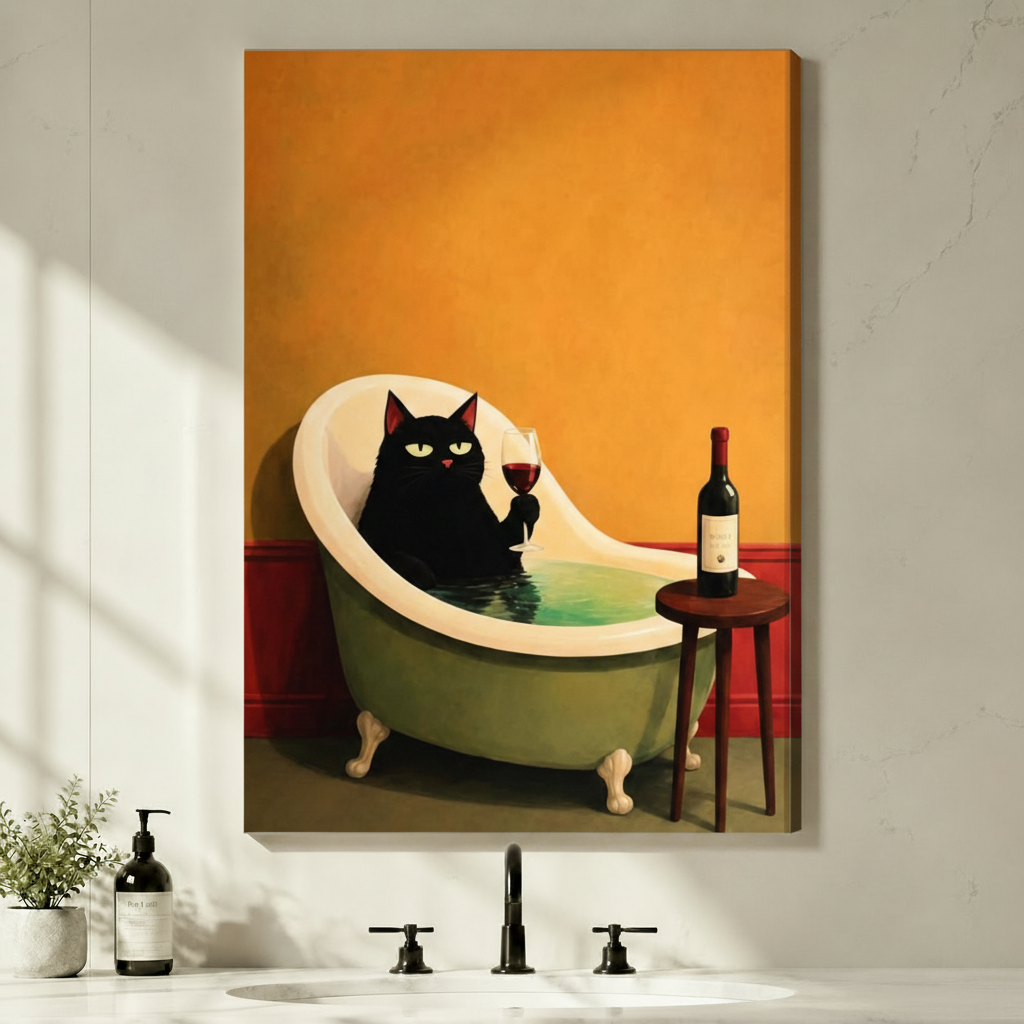 Black Cat Bath Wine Canvas Wall Art