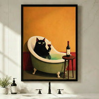 Black Cat Bath Wine Canvas Wall Art