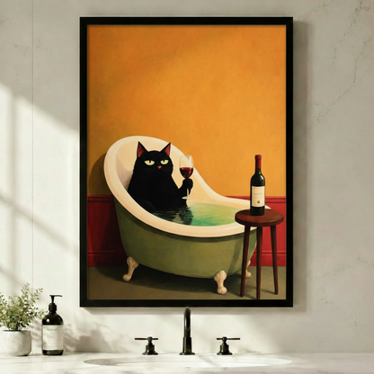 Black Cat Bath Wine Canvas Wall Art