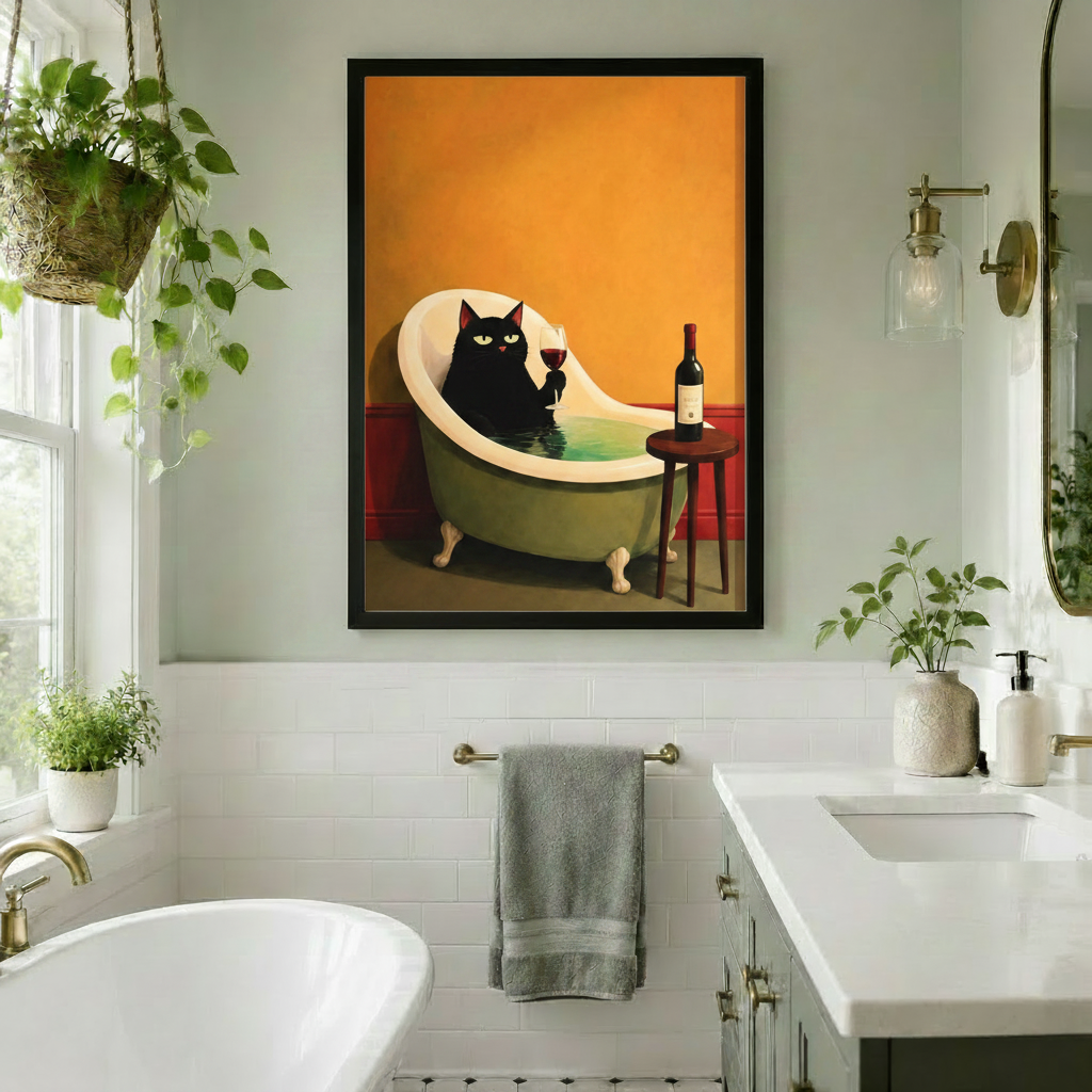 Black Cat Bath Wine Canvas Wall Art
