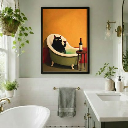 Black Cat Bath Wine Canvas Wall Art