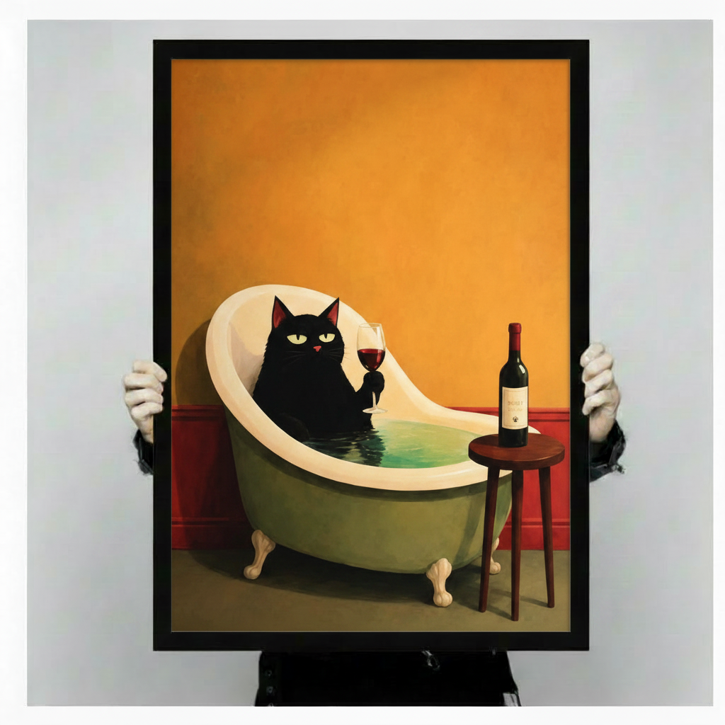 Black Cat Bath Wine Canvas Wall Art