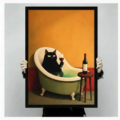 Black Cat Bath Wine Canvas Wall Art