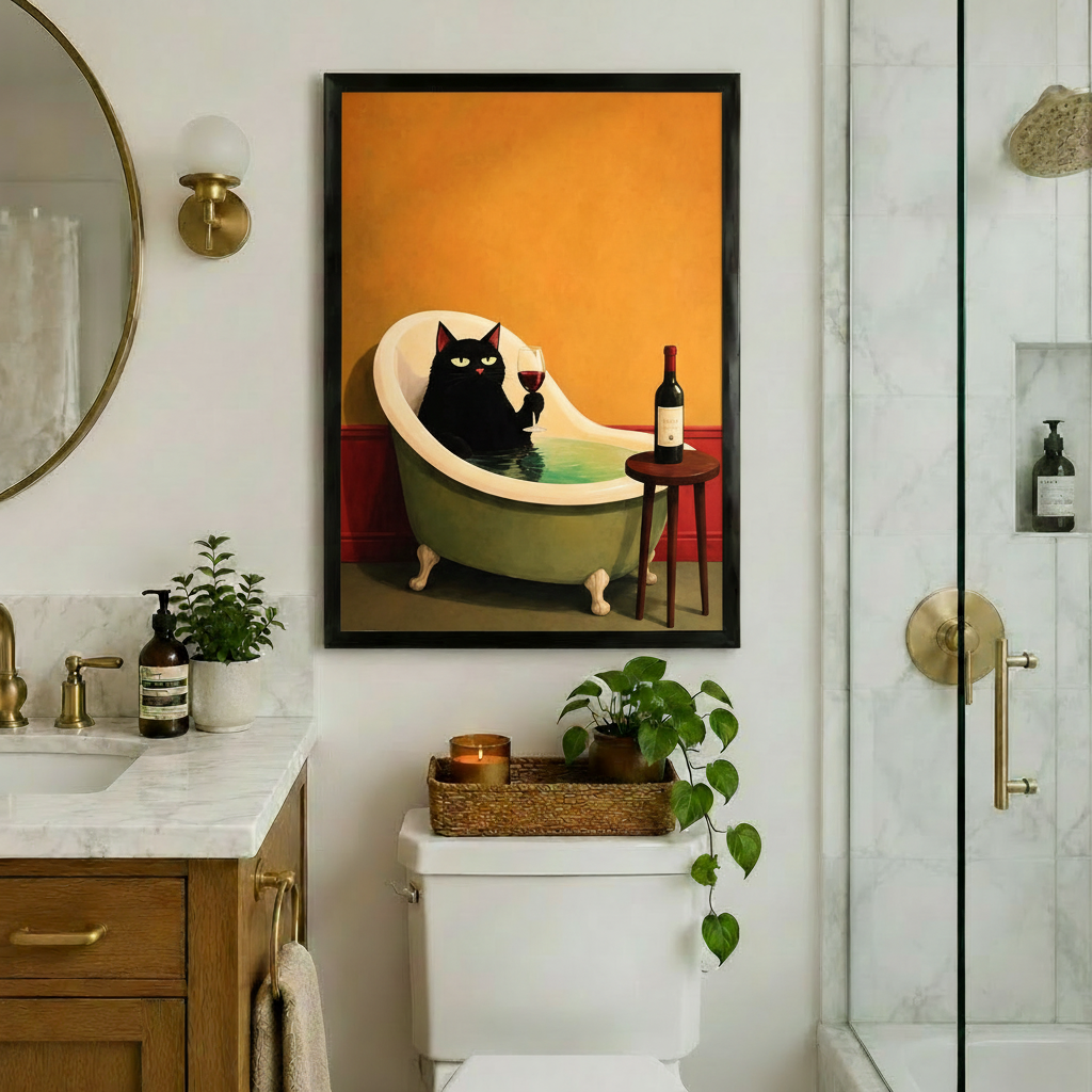 Black Cat Bath Wine Canvas Wall Art