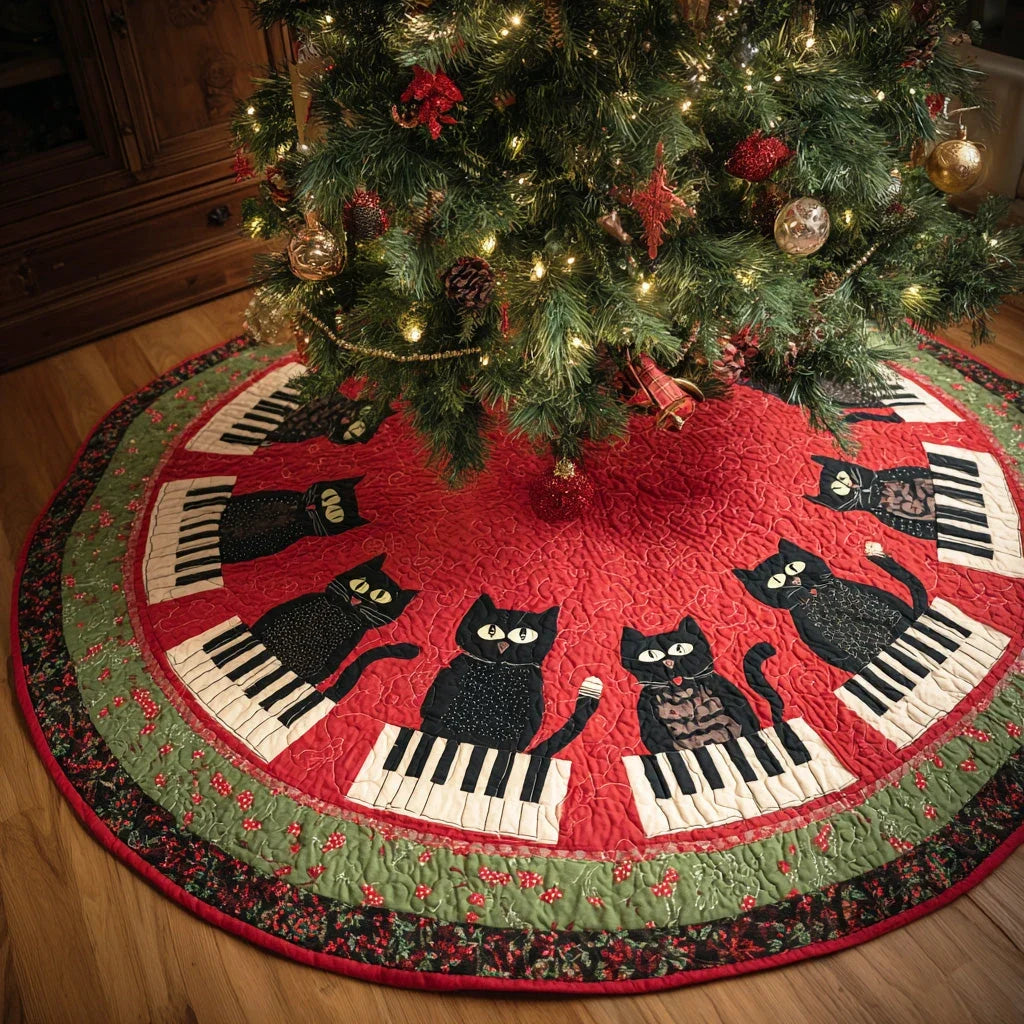 Rhythm Kitty Christmas Quilted Tree Skirt