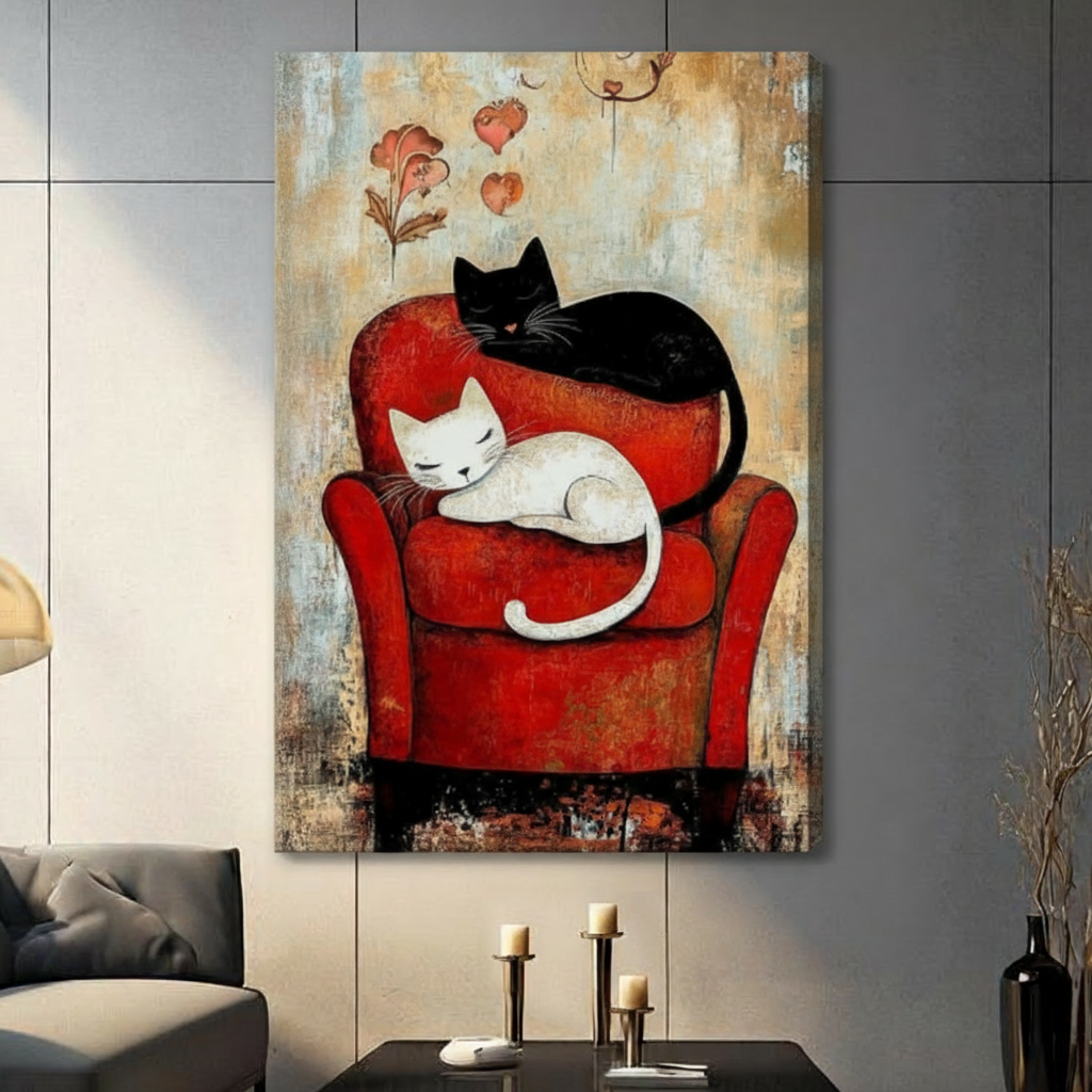 Black White Cats Love Vintage Canvas Wall Art