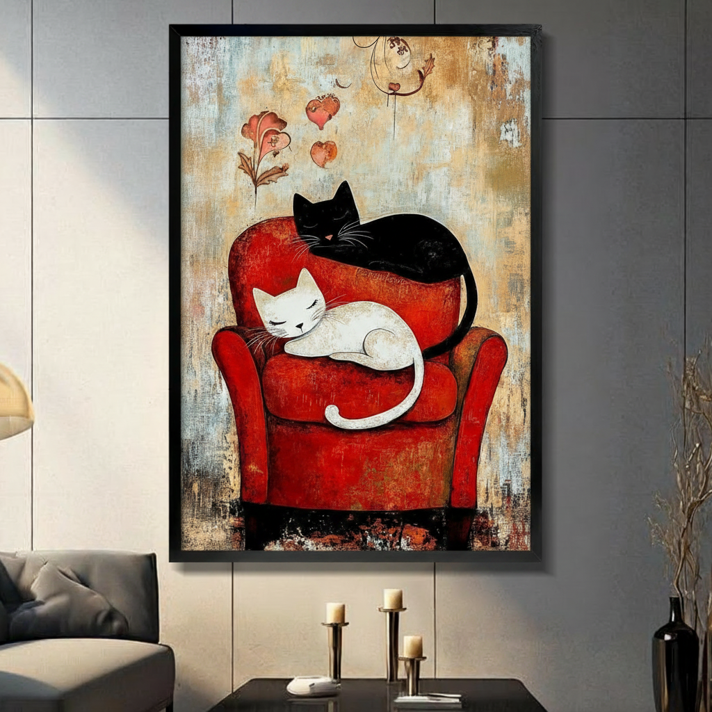 Black White Cats Love Vintage Canvas Wall Art