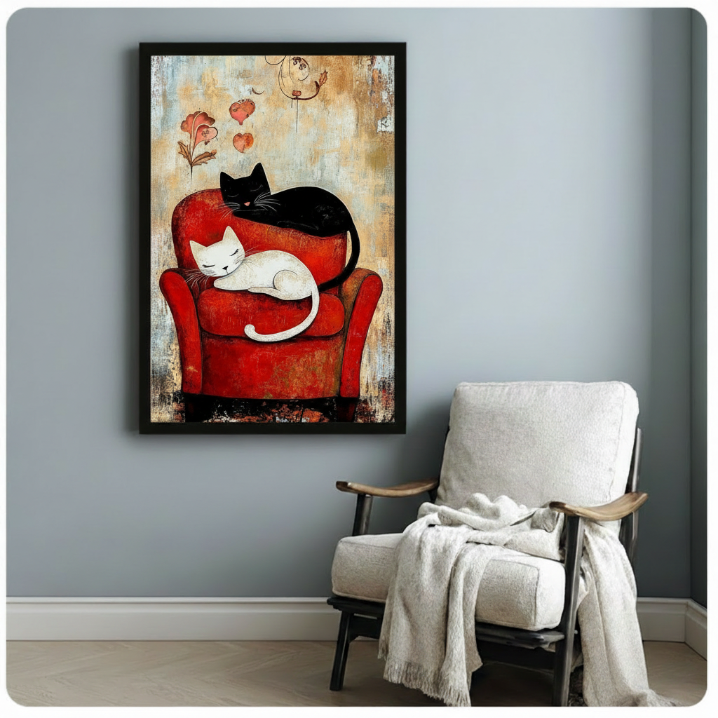 Black White Cats Love Vintage Canvas Wall Art