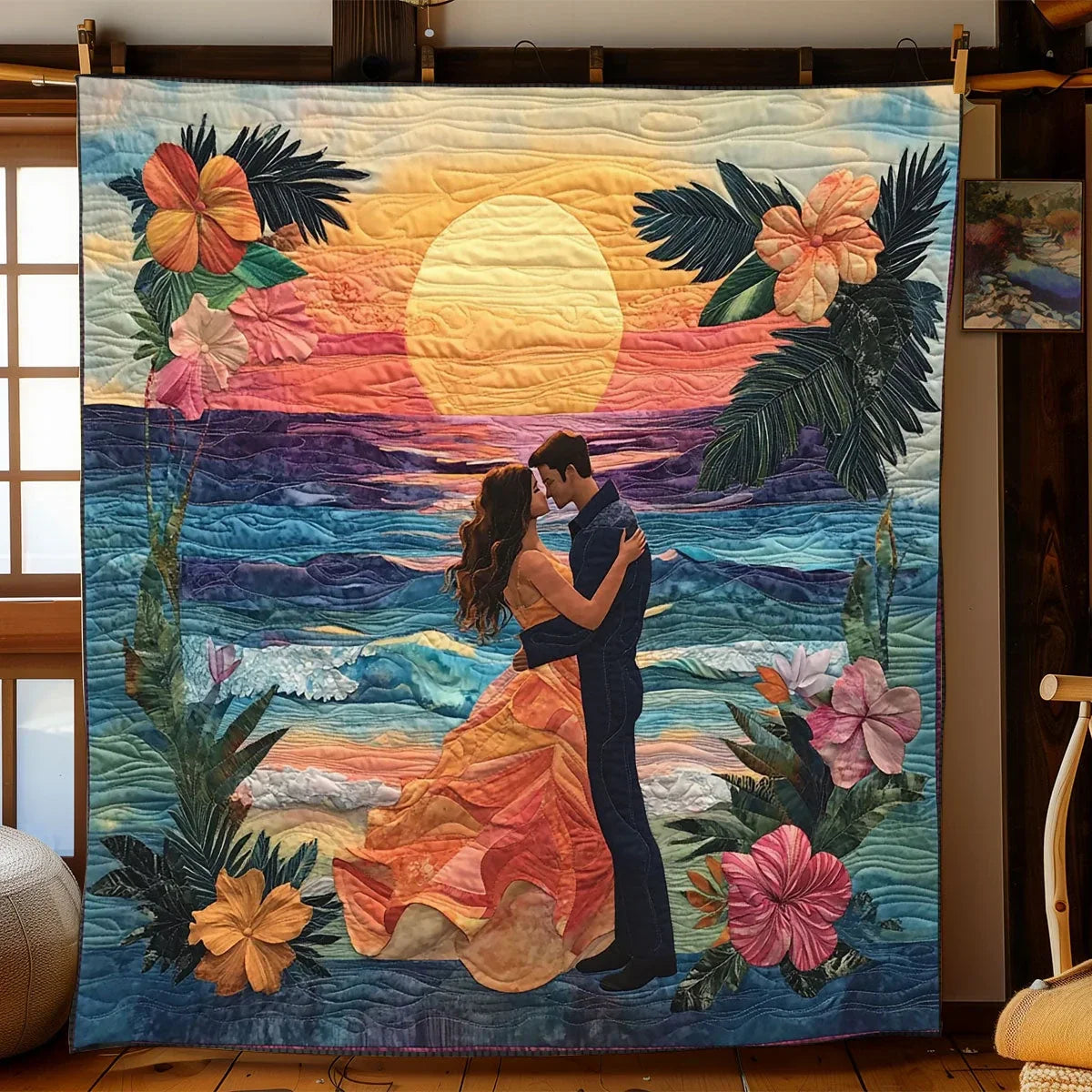 Romantic Sunset Couple Quilt Blanket