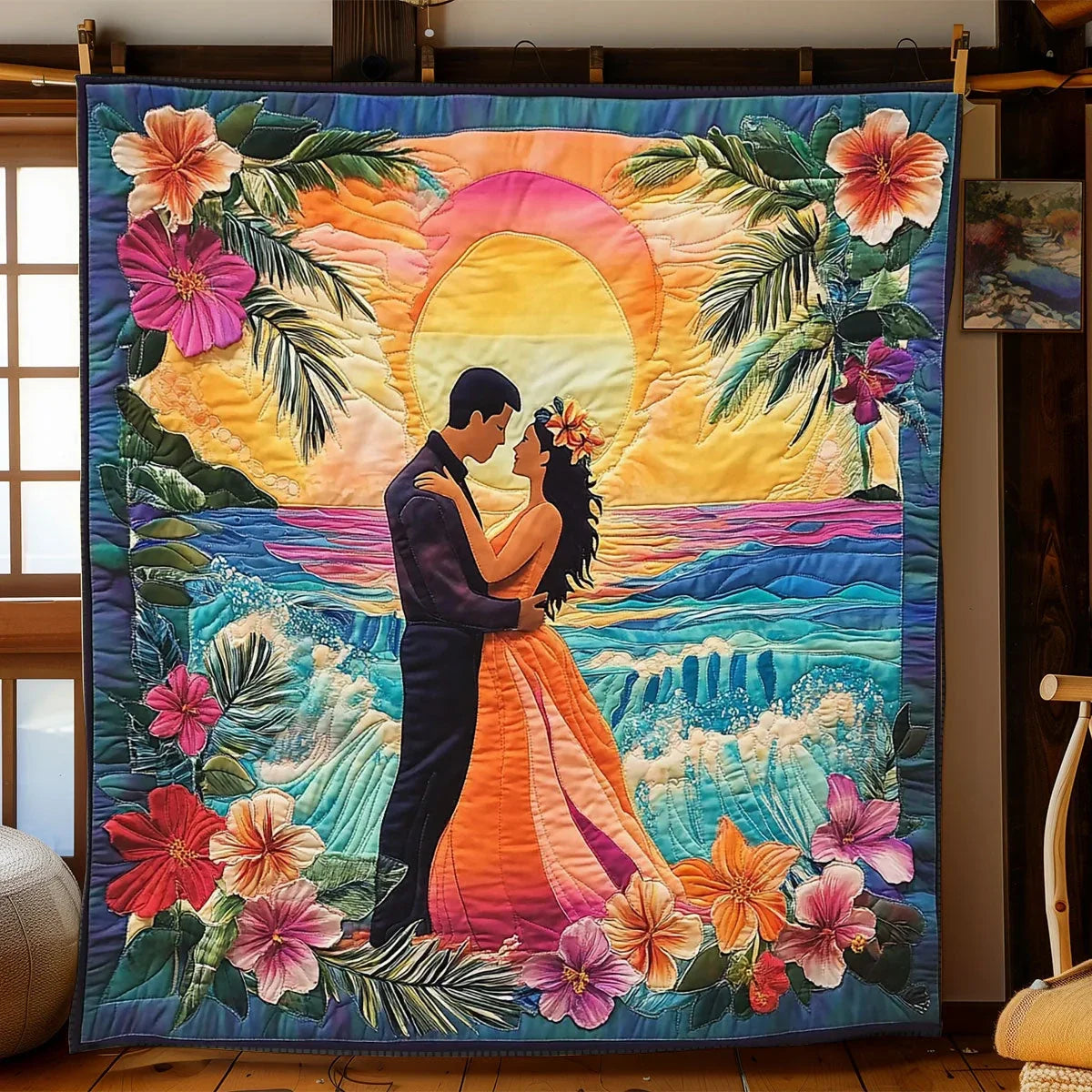 Romantic Sunset Couple Quilt Blanket