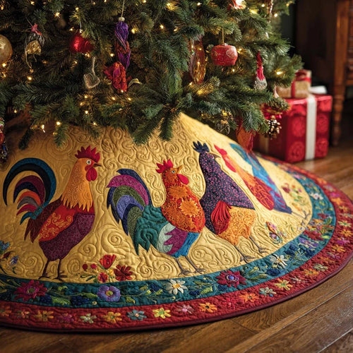 Rooster Glory Christmas Quilted Tree Skirt