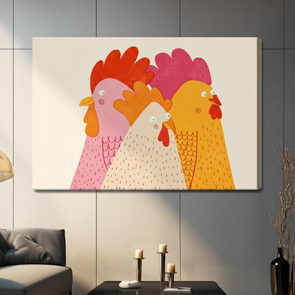 Colorful Cartoon Chickens Funny Farmhouse Canvas
