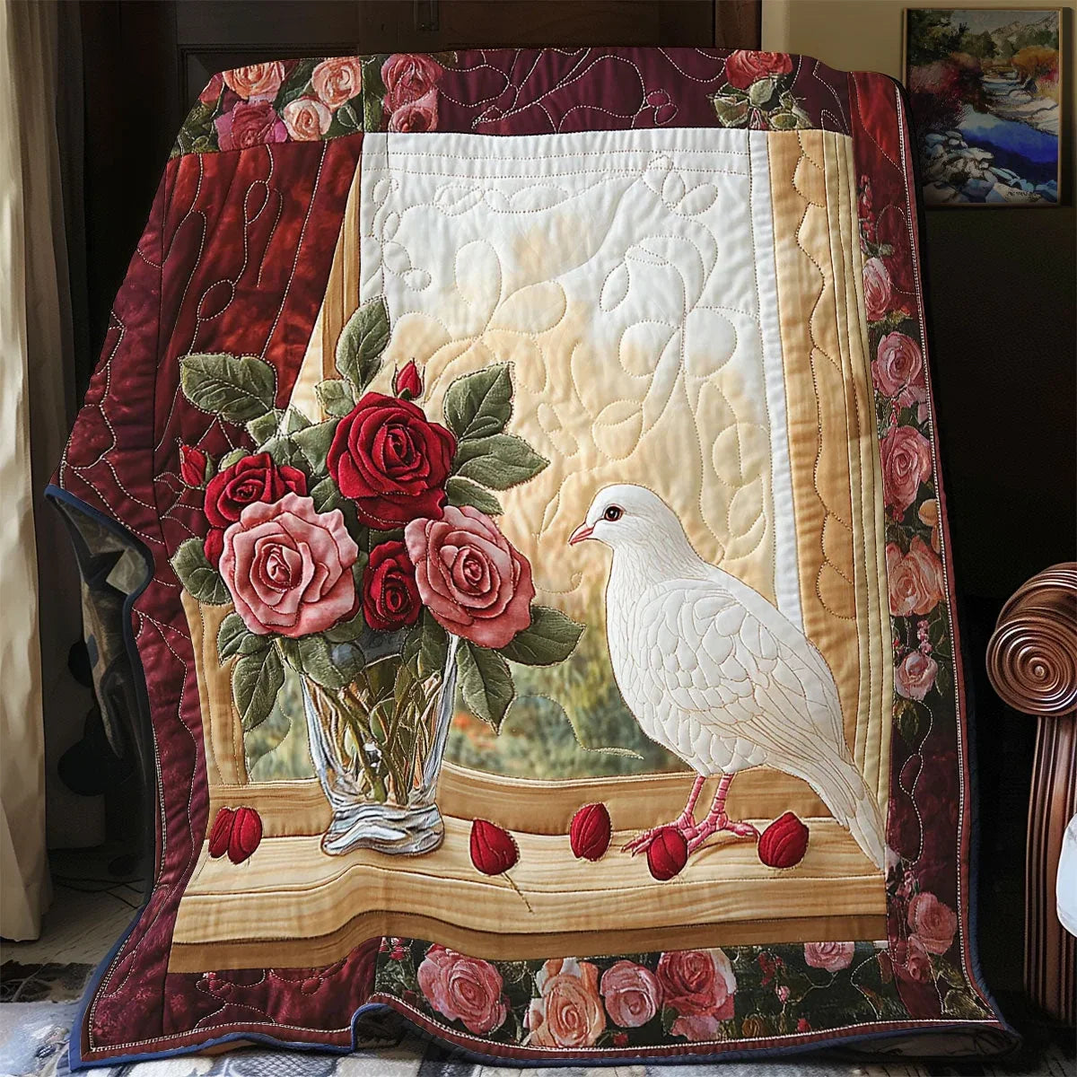 Roses And Doves Quilt Blanket