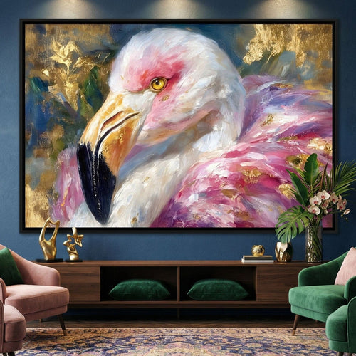 Golden Pink Flamingo Portrait Canvas Wall Art