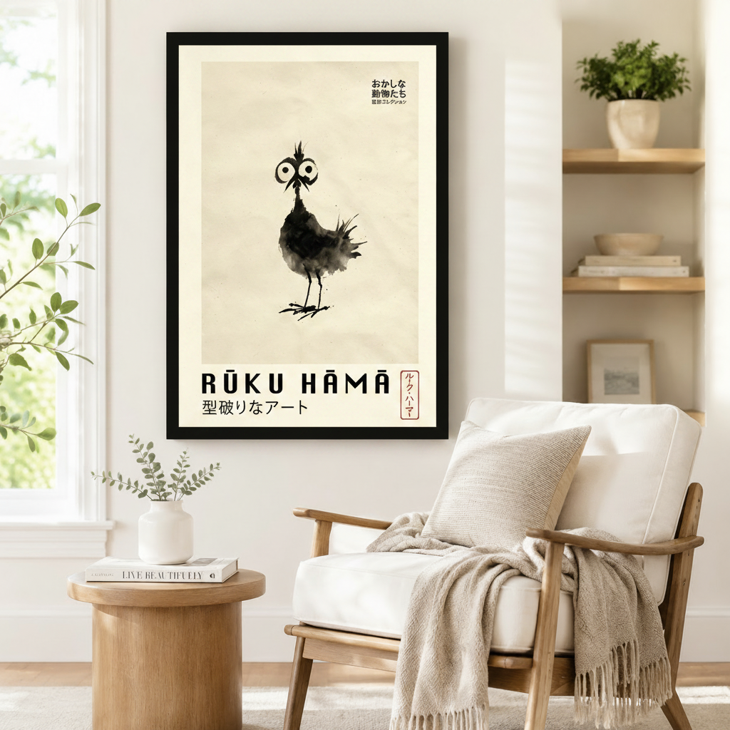 Japanese Ink Wash Quirky Bird Canvas Art Wall Art