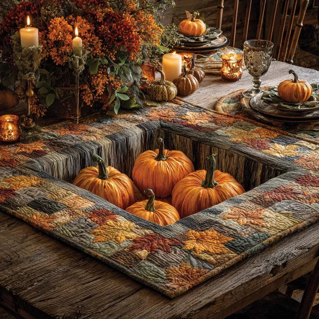 Rustic Autumn Pumpkins Quilted Table Topper