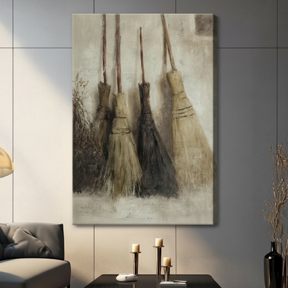 Antique Witch Brooms Gothic Canvas Wall Art
