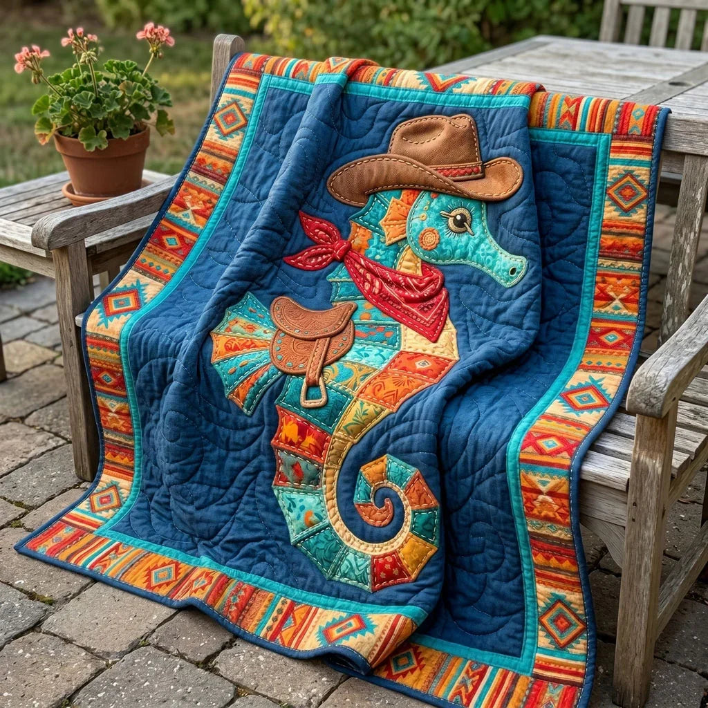 Rustic Coastal Cowboy Seahorse Quilt Blanket