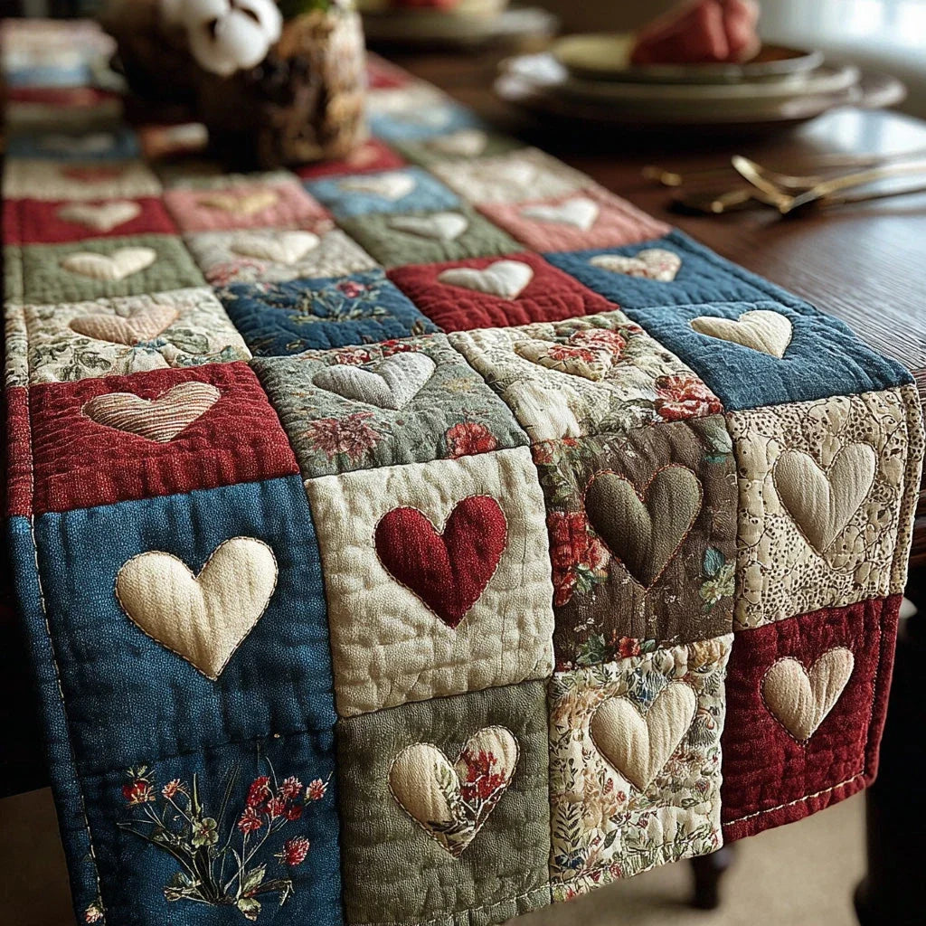 Rustic Heart Patchwork Quilted Table Runner