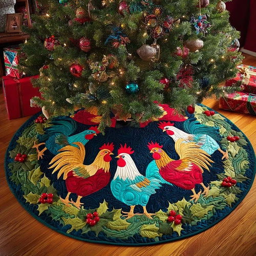 Rustic Rooster Christmas Quilted Tree Skirt