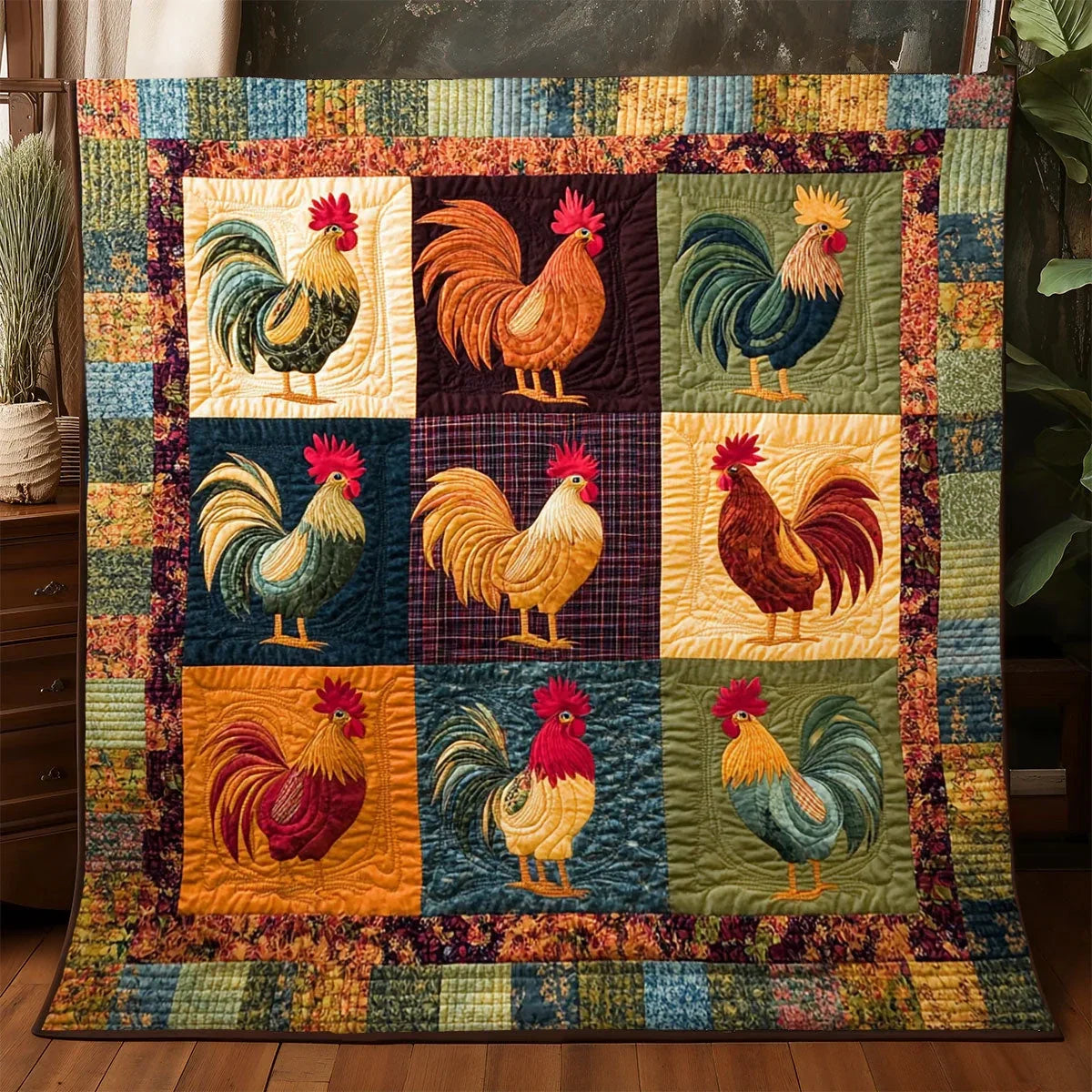 Rustic Rooster Gathering Quilt Blanket