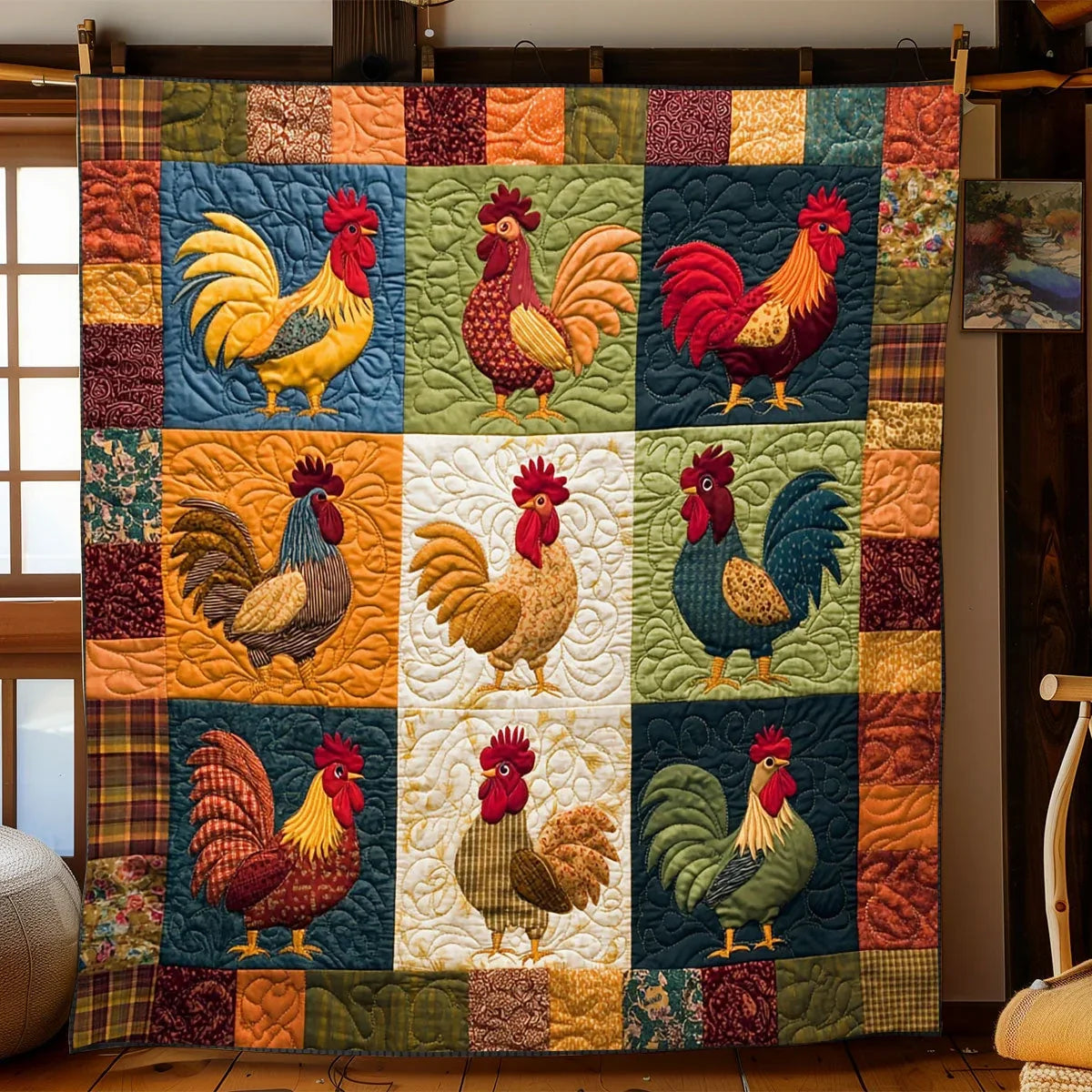 Rustic Rooster Gathering Quilt Blanket