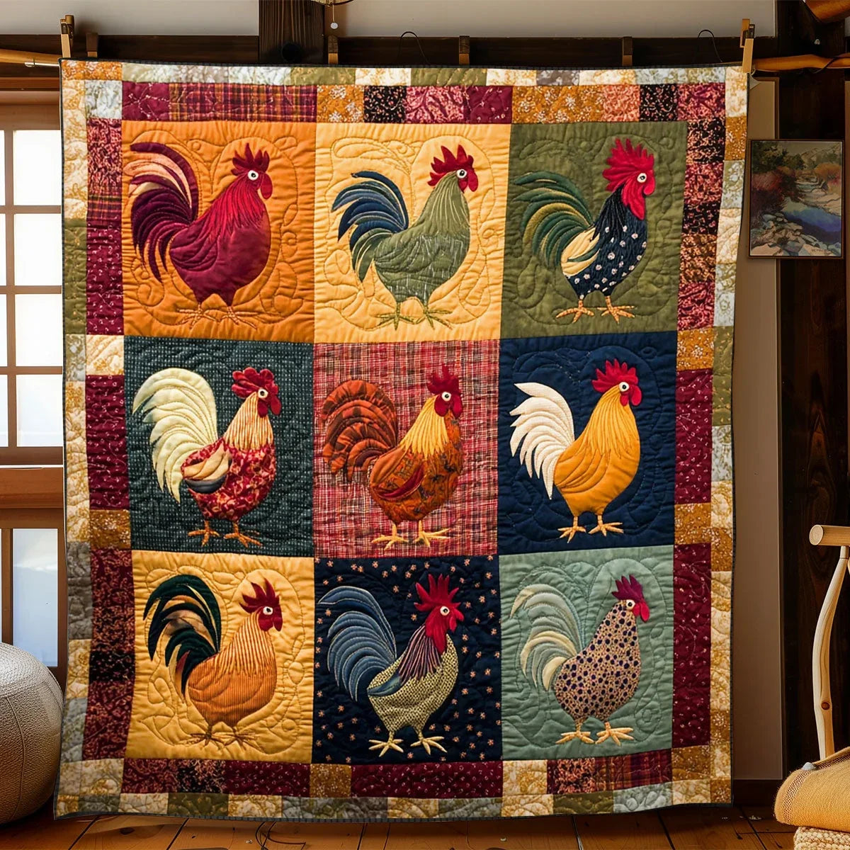 Rustic Rooster Gathering Quilt Blanket