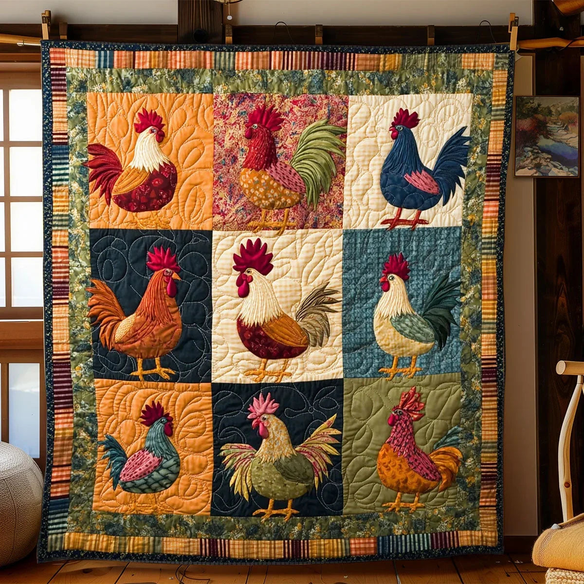 Rustic Rooster Gathering Quilt Blanket