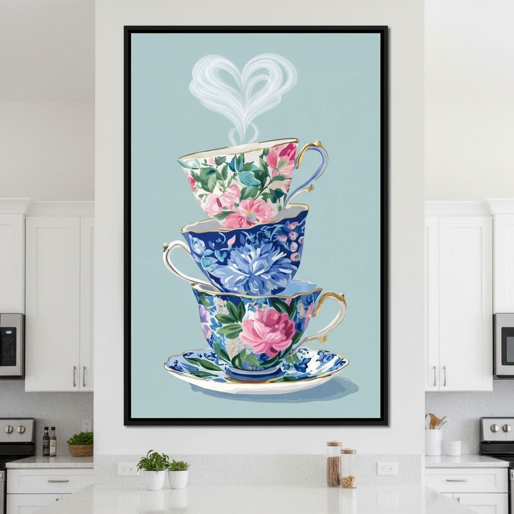 Vintage Floral Teacup Stack Delight Canvas Wall Art