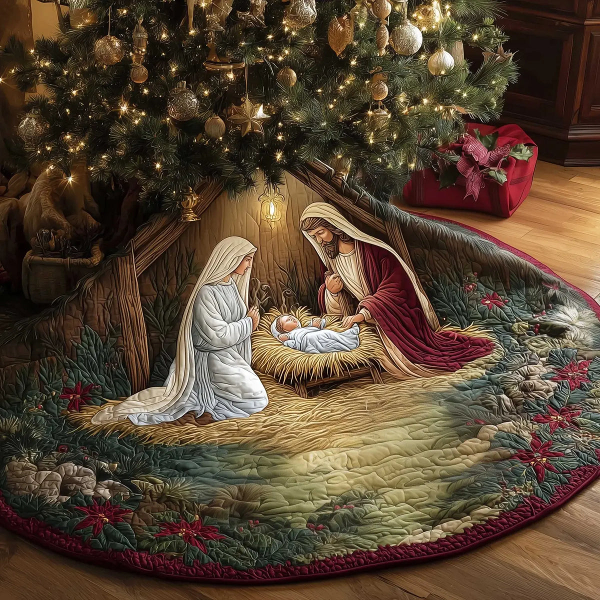 Sacred Nativity Scene Christmas Quilted Tree Skirt