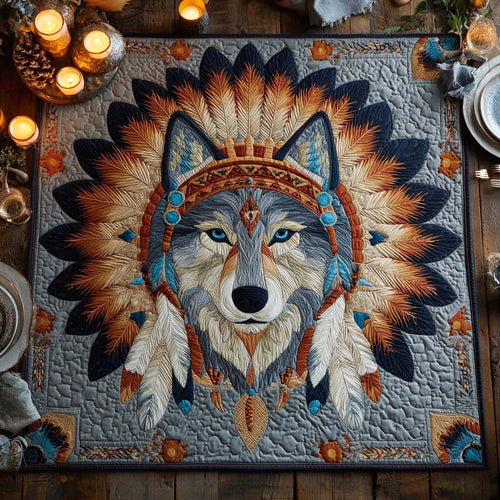 Sacred Wolf Feather Quilted Table Topper