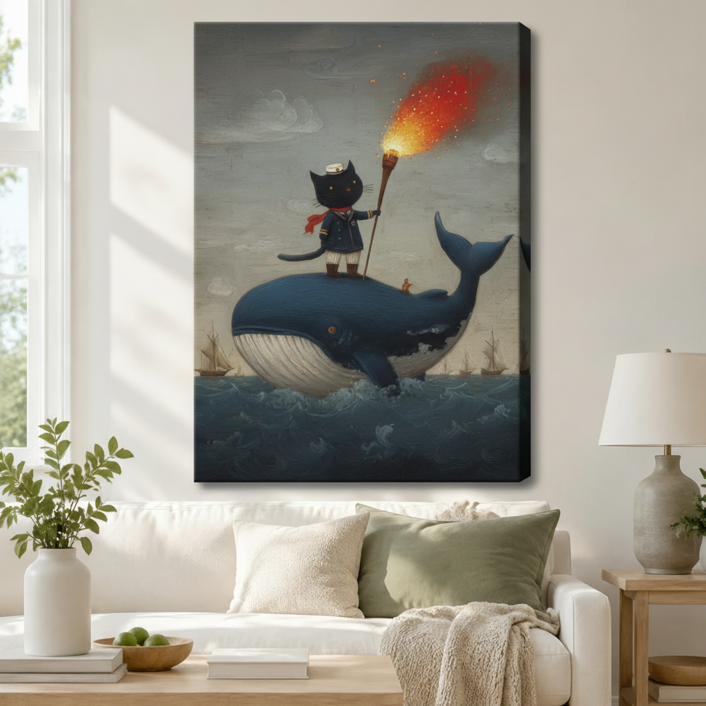 Sailor Cat Whale Adventure Canvas Wall Art