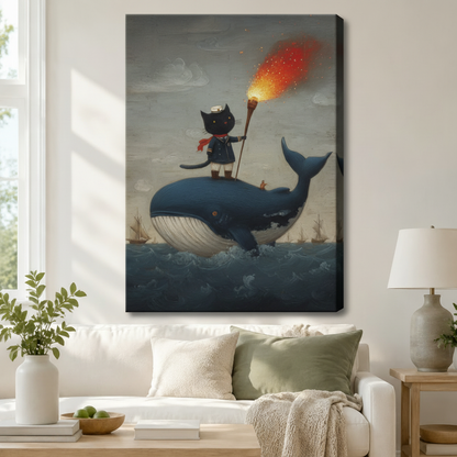 Sailor Cat Whale Adventure Canvas Wall Art