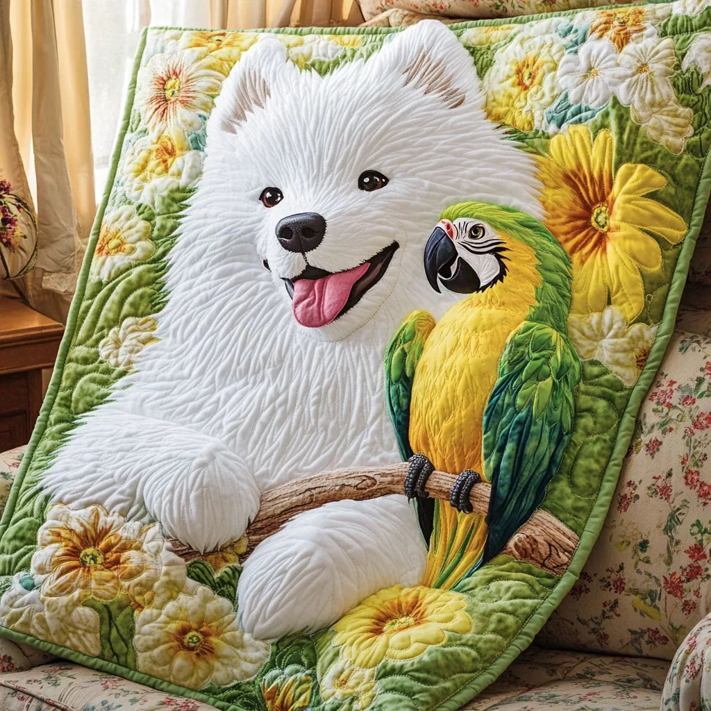 Samoyed And Parrot Quilt Blanket